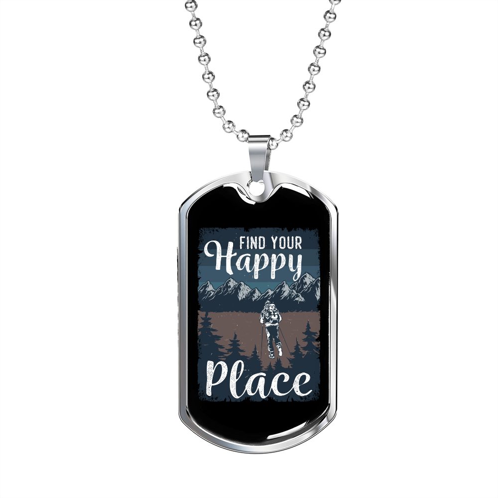 Camper Necklace Find Your Happy Place White Necklace Stainless Steel or 18k Gold Dog Tag 24" Chain-Express Your Love Gifts