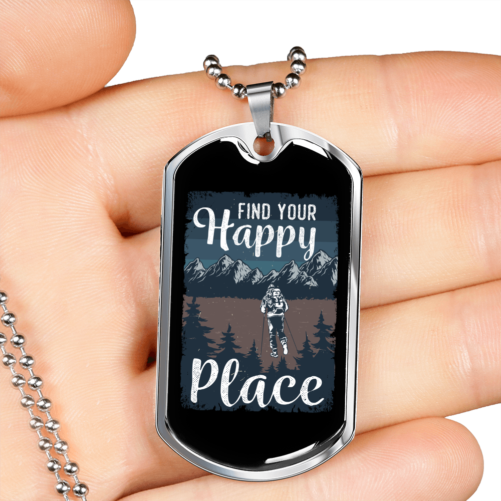 Camper Necklace Find Your Happy Place White Necklace Stainless Steel or 18k Gold Dog Tag 24" Chain-Express Your Love Gifts