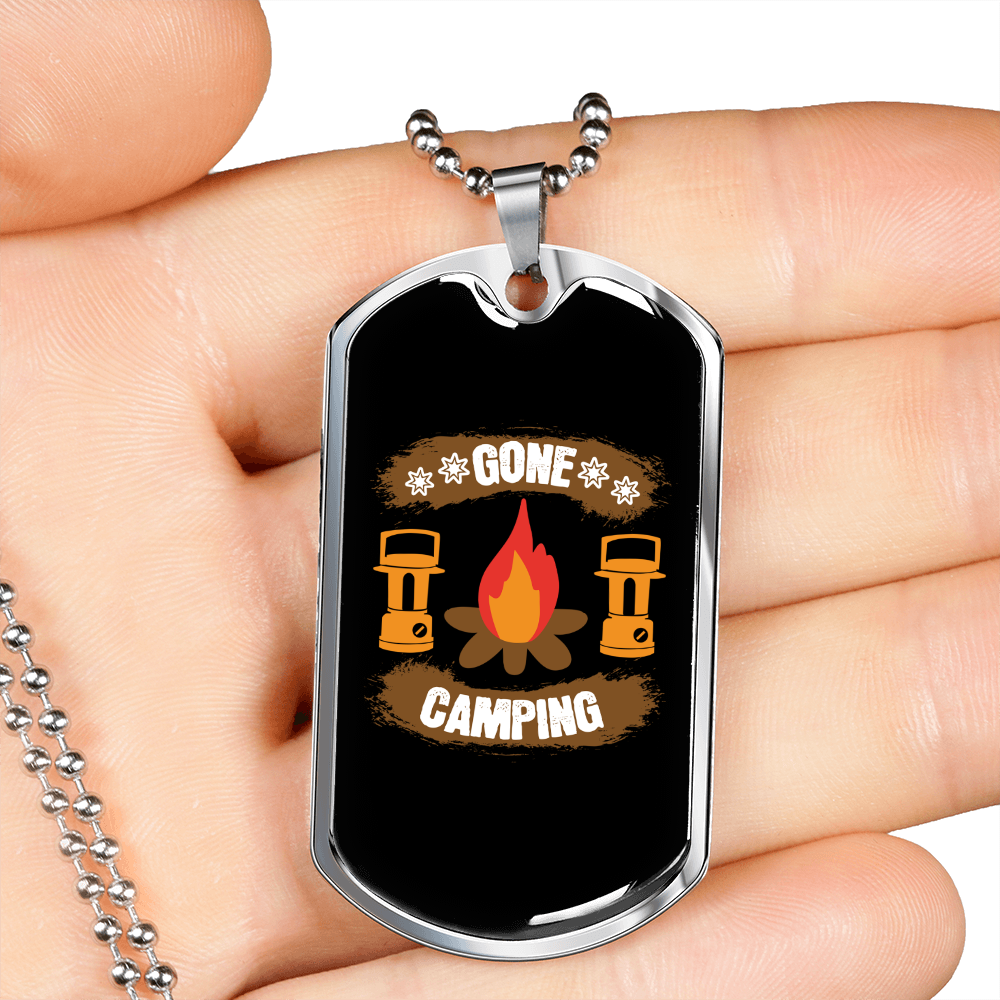 Camper Necklace Gone Camping Campfire Necklace Stainless Steel or 18k Gold Dog Tag 24" Chain-Express Your Love Gifts