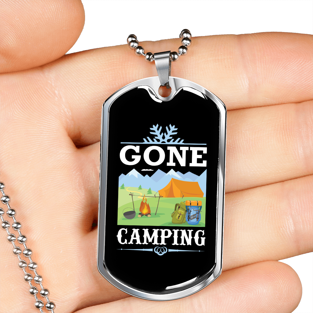 Camper Necklace Gone Camping Campsite Necklace Stainless Steel or 18k Gold Dog Tag 24" Chain-Express Your Love Gifts