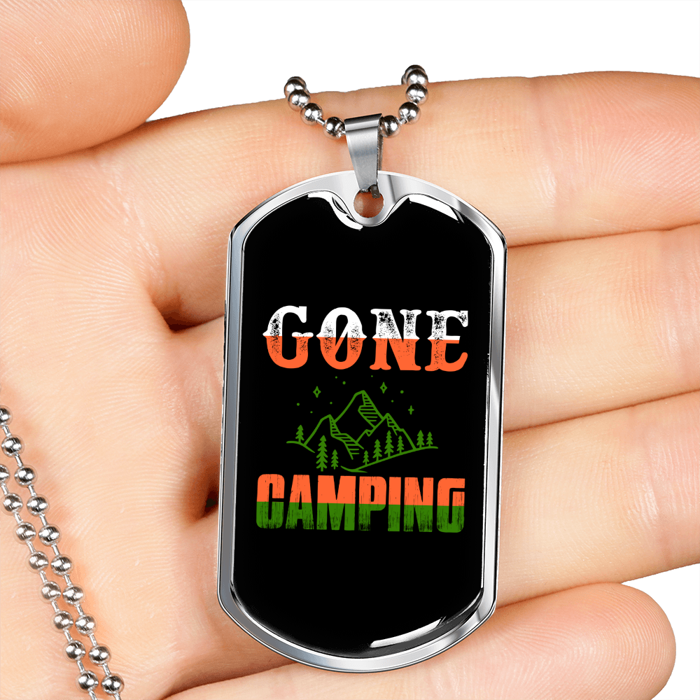 Camper Necklace Gone Camping Necklace Stainless Steel or 18k Gold Dog Tag 24" Chain-Express Your Love Gifts
