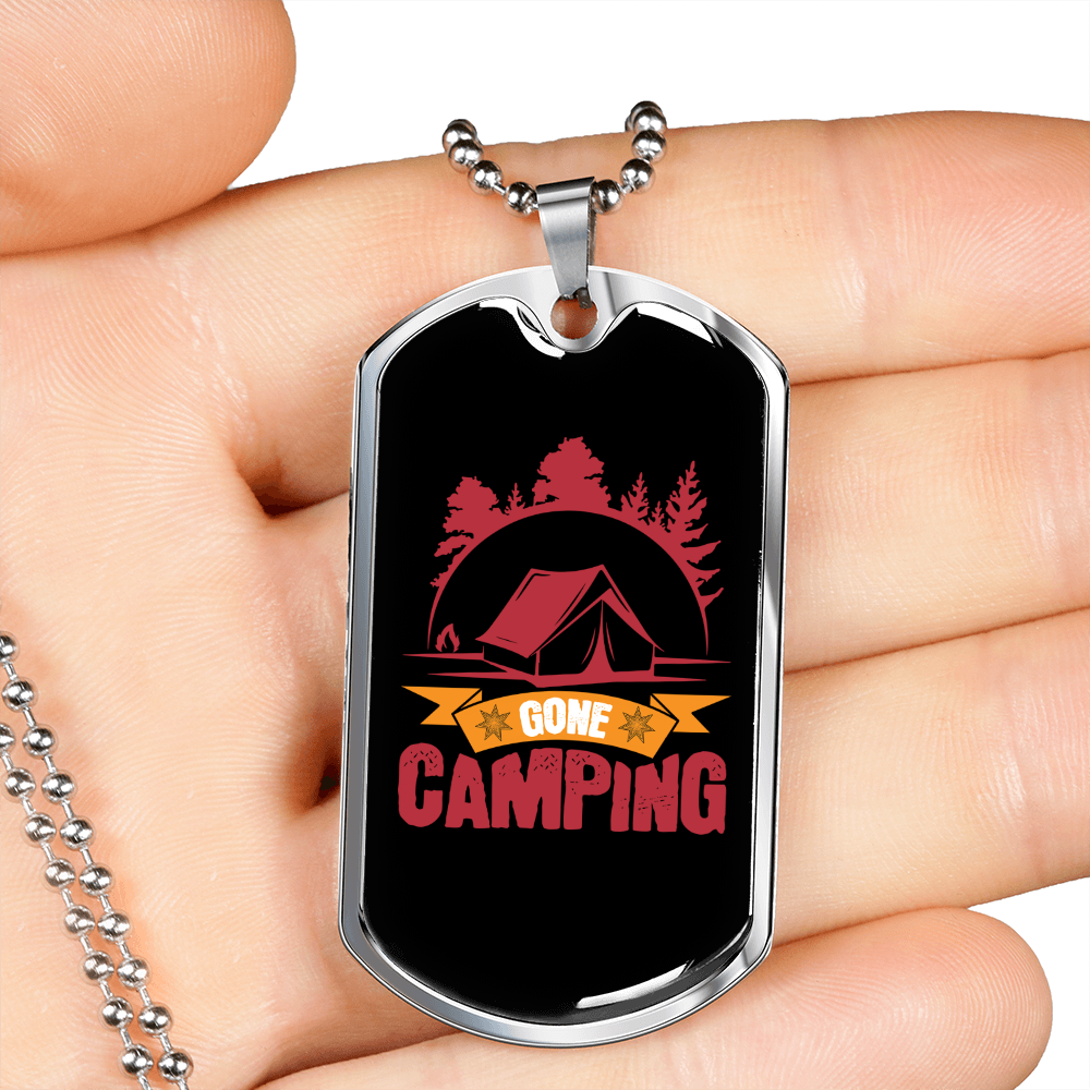 Camper Necklace Gone Camping Pink Necklace Stainless Steel or 18k Gold Dog Tag 24" Chain-Express Your Love Gifts