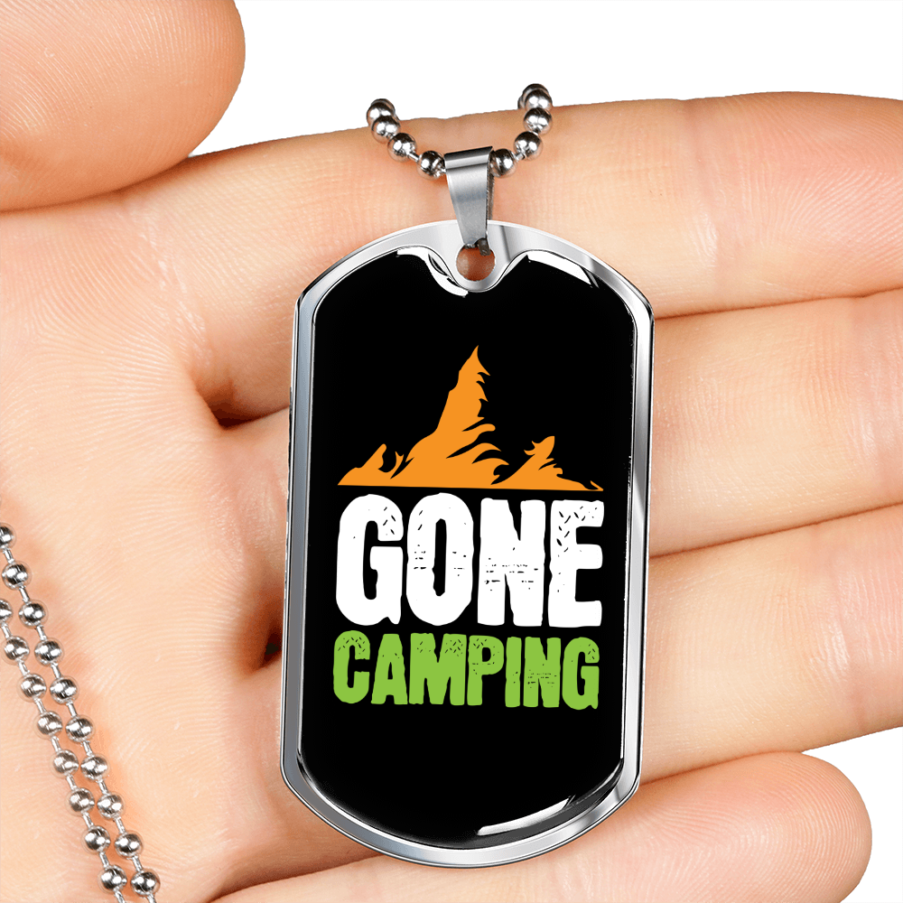 Camper Necklace Gone Camping Yellow Mountain Necklace Stainless Steel or 18k Gold Dog Tag 24" Chain-Express Your Love Gifts