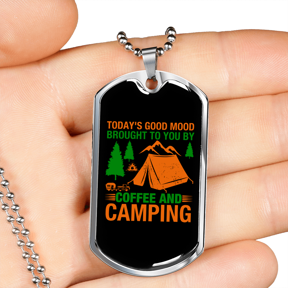 Camper Necklace Good Mood Coffee and Camping Necklace Stainless Steel or 18k Gold Dog Tag 24" Chain-Express Your Love Gifts