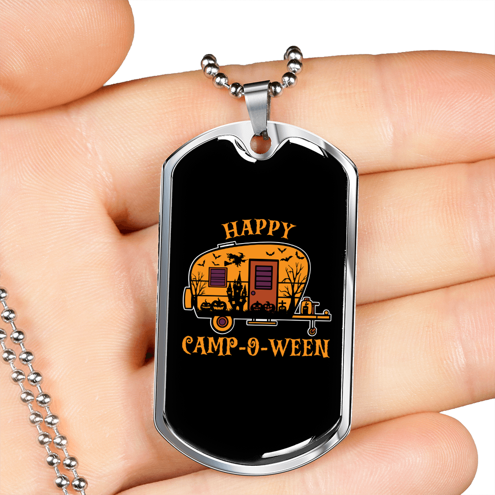 Camper Necklace Happy Camp-O-Ween Camping Necklace Stainless Steel or 18k Gold Dog Tag 24" Chain-Express Your Love Gifts