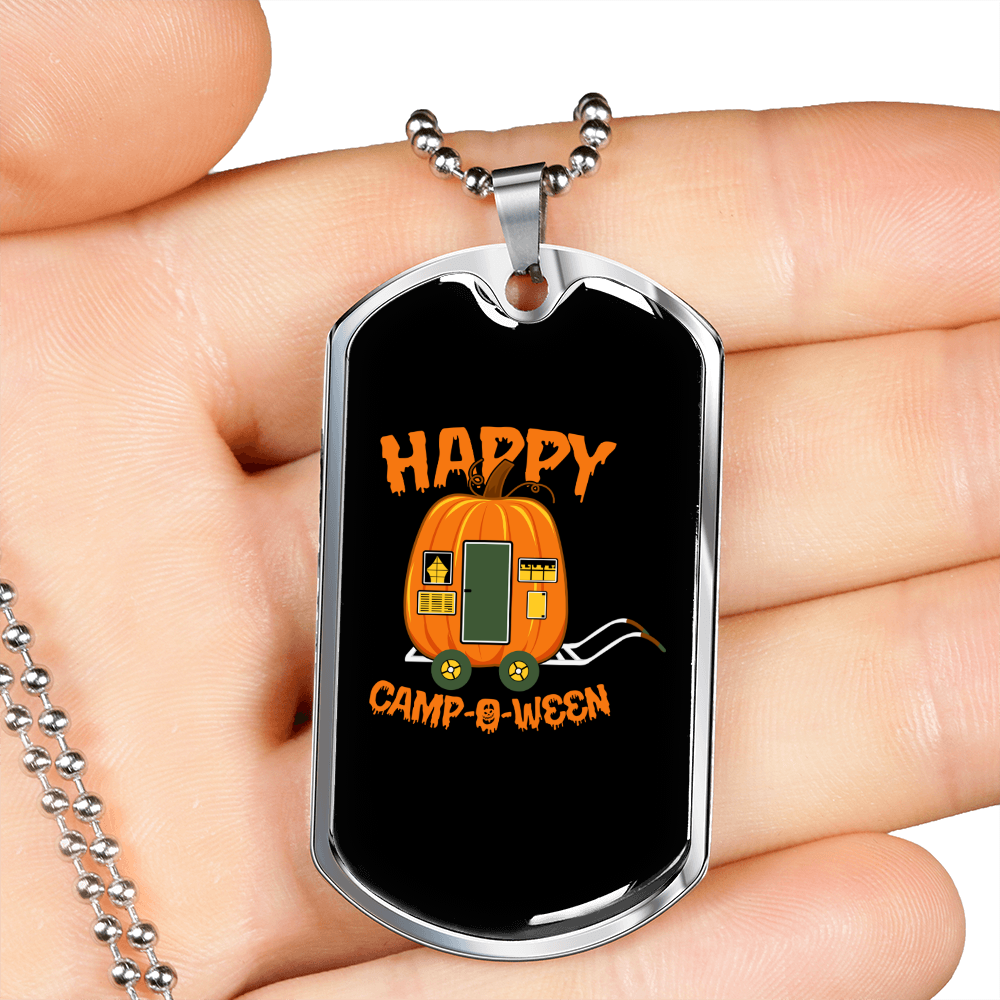 Camper Necklace Happy Camp-O-Ween Necklace Stainless Steel or 18k Gold Dog Tag 24" Chain-Express Your Love Gifts