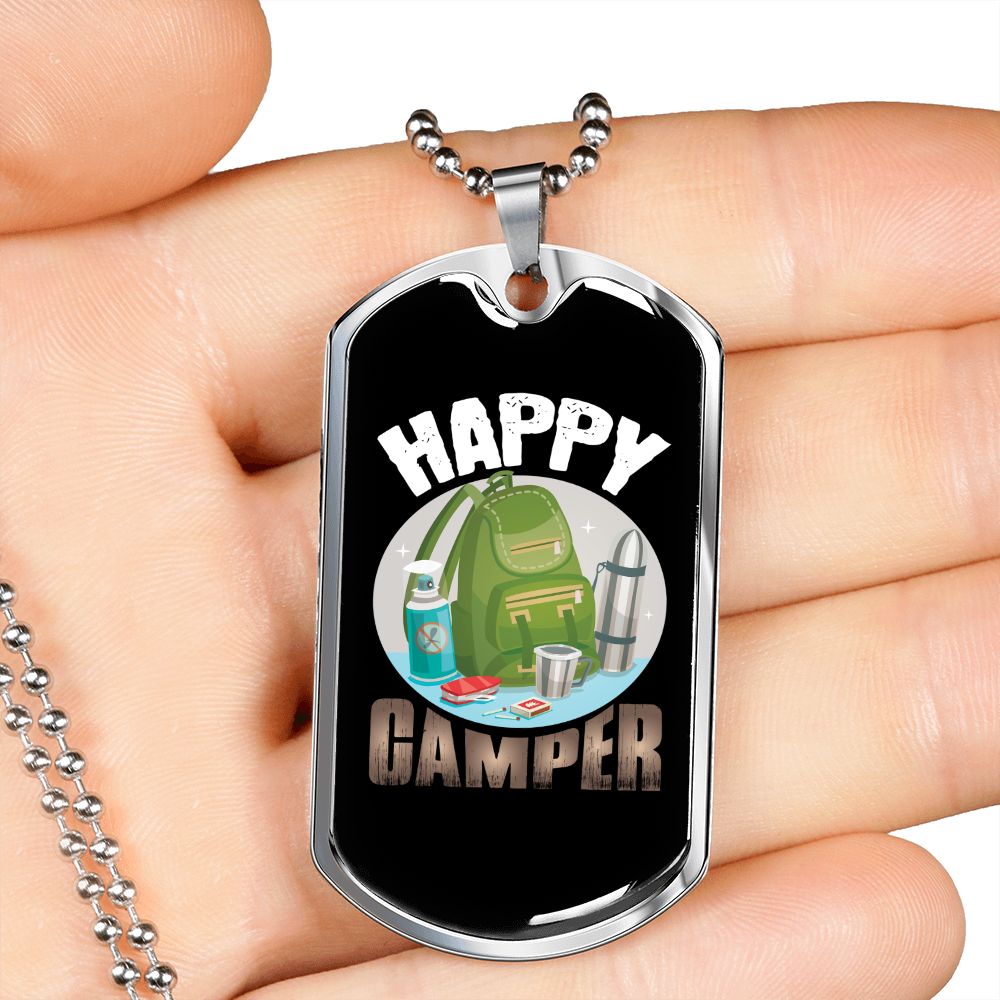 Camper Necklace Happy Camper Backpack Necklace Stainless Steel or 18k Gold Dog Tag 24" Chain-Express Your Love Gifts