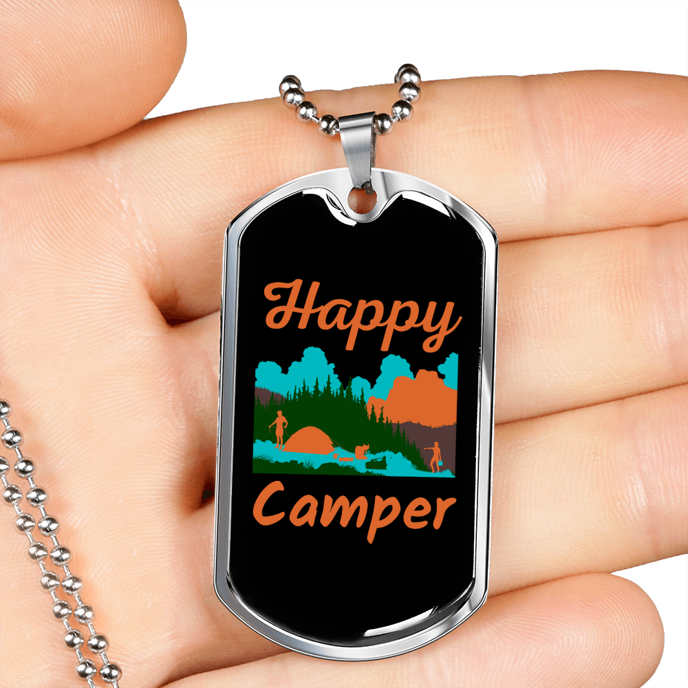 Camper Necklace Happy Camper Orange Necklace Stainless Steel or 18k Gold Dog Tag 24" Chain-Express Your Love Gifts