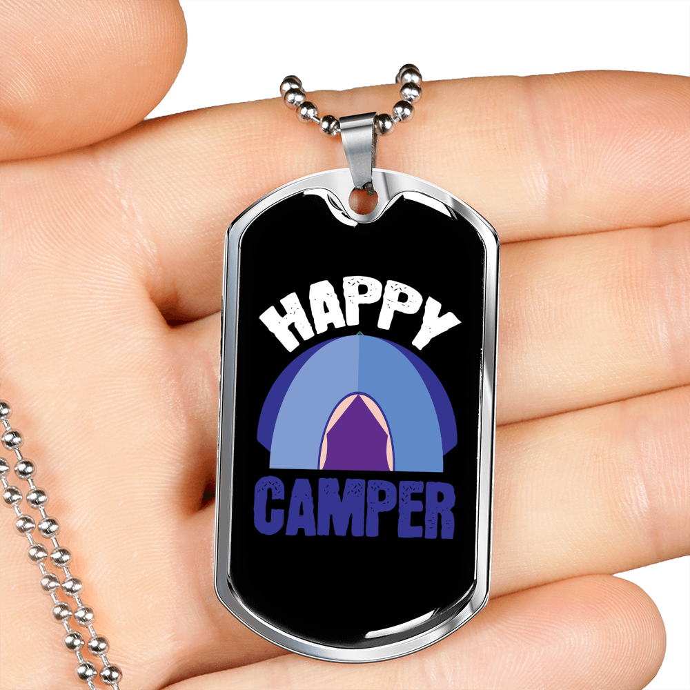 Camper Necklace Happy Camper Purple Necklace Stainless Steel or 18k Gold Dog Tag 24" Chain-Express Your Love Gifts
