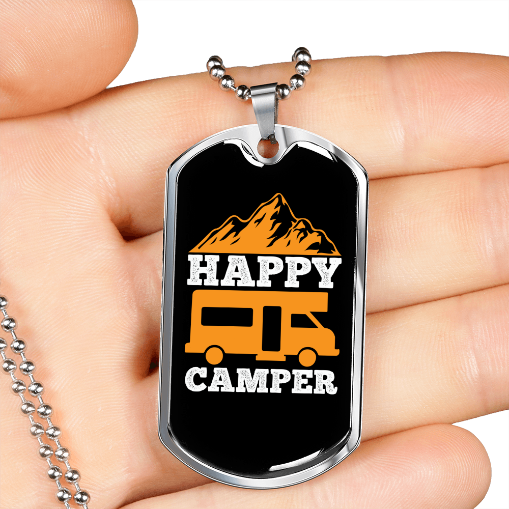 Camper Necklace Happy Camper Yellow Necklace Stainless Steel or 18k Gold Dog Tag 24" Chain-Express Your Love Gifts