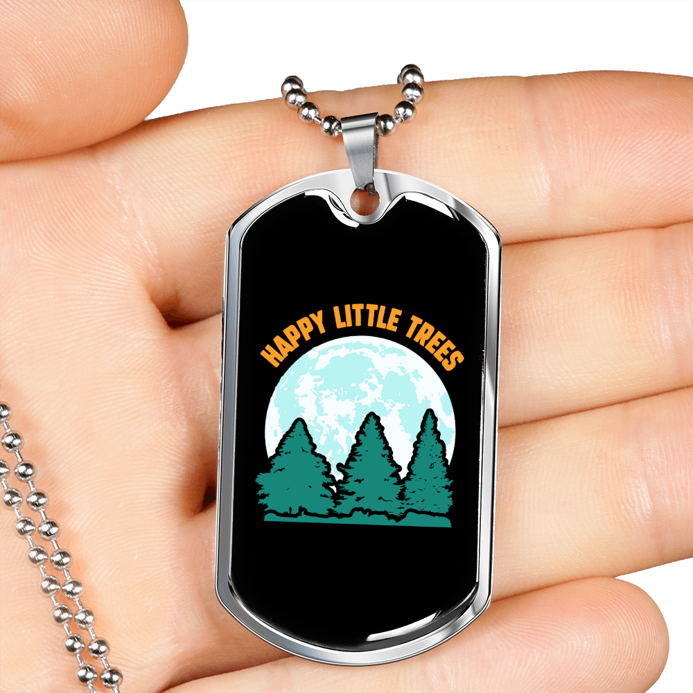 Camper Necklace Happy Little Trees Necklace Stainless Steel or 18k Gold Dog Tag 24" Chain-Express Your Love Gifts