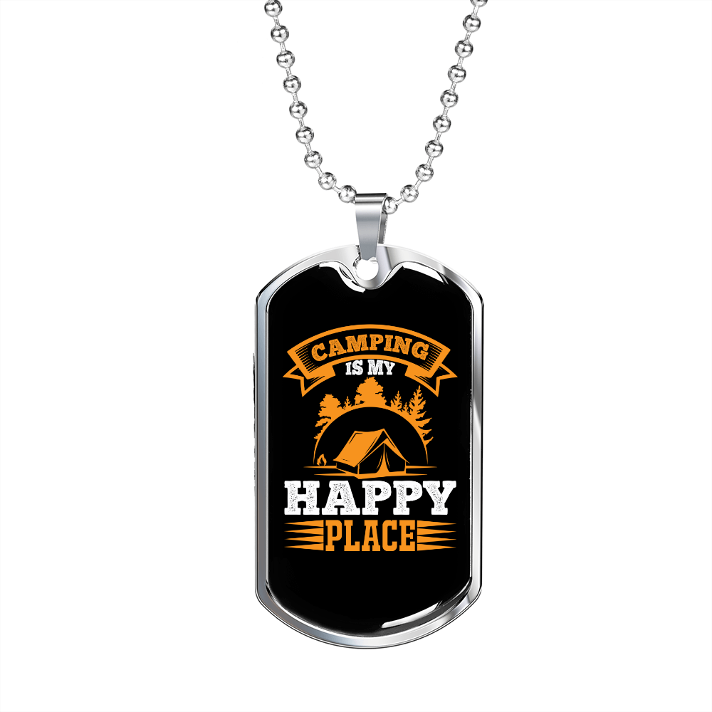 Camper Necklace Happy Place is Camping Necklace Stainless Steel or 18k Gold Dog Tag 24" Chain-Express Your Love Gifts