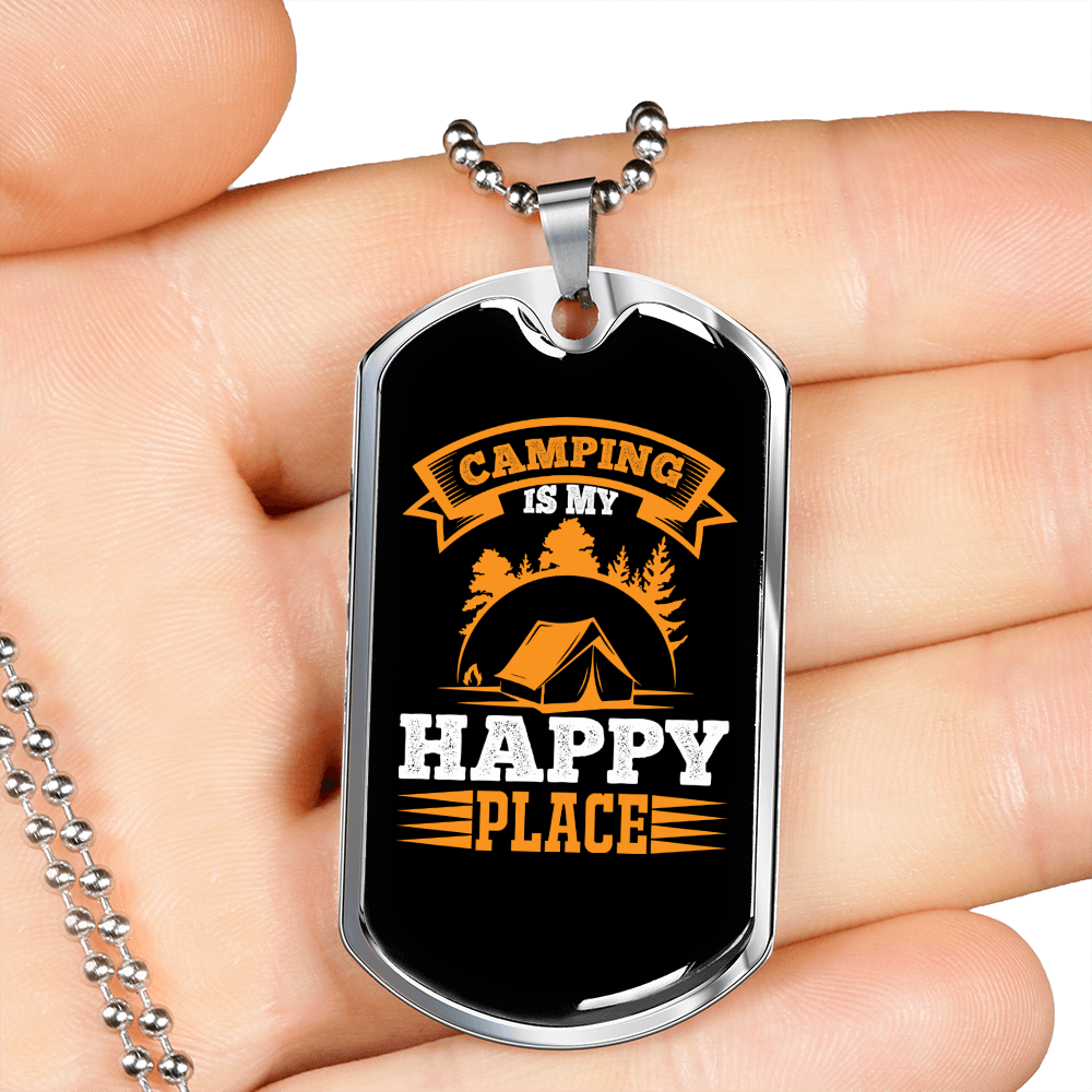 Camper Necklace Happy Place is Camping Necklace Stainless Steel or 18k Gold Dog Tag 24" Chain-Express Your Love Gifts