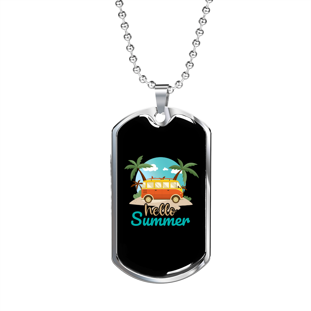 Camper Necklace Hello Summer Beach Necklace Stainless Steel or 18k Gold Dog Tag 24" Chain-Express Your Love Gifts