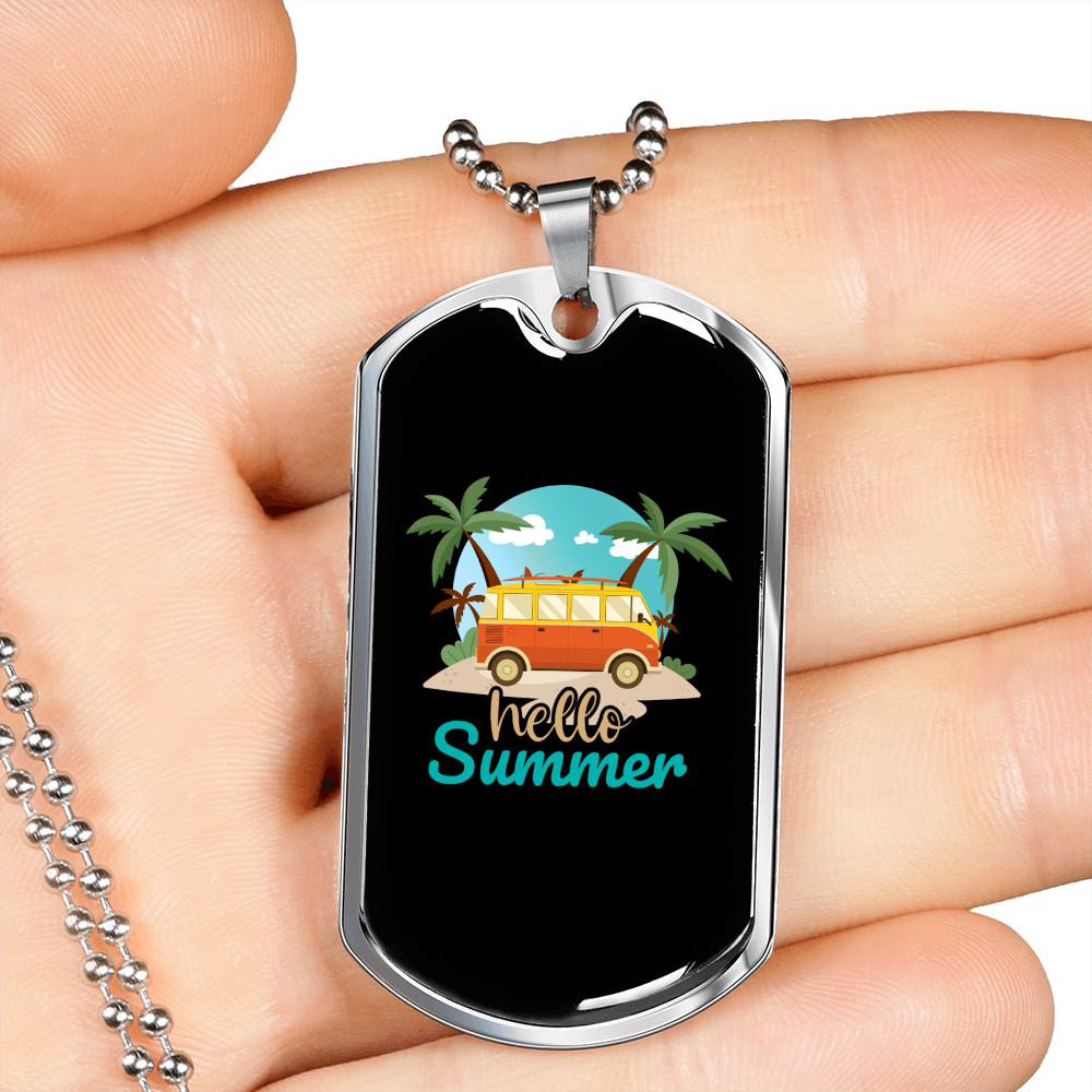 Camper Necklace Hello Summer Beach Necklace Stainless Steel or 18k Gold Dog Tag 24" Chain-Express Your Love Gifts