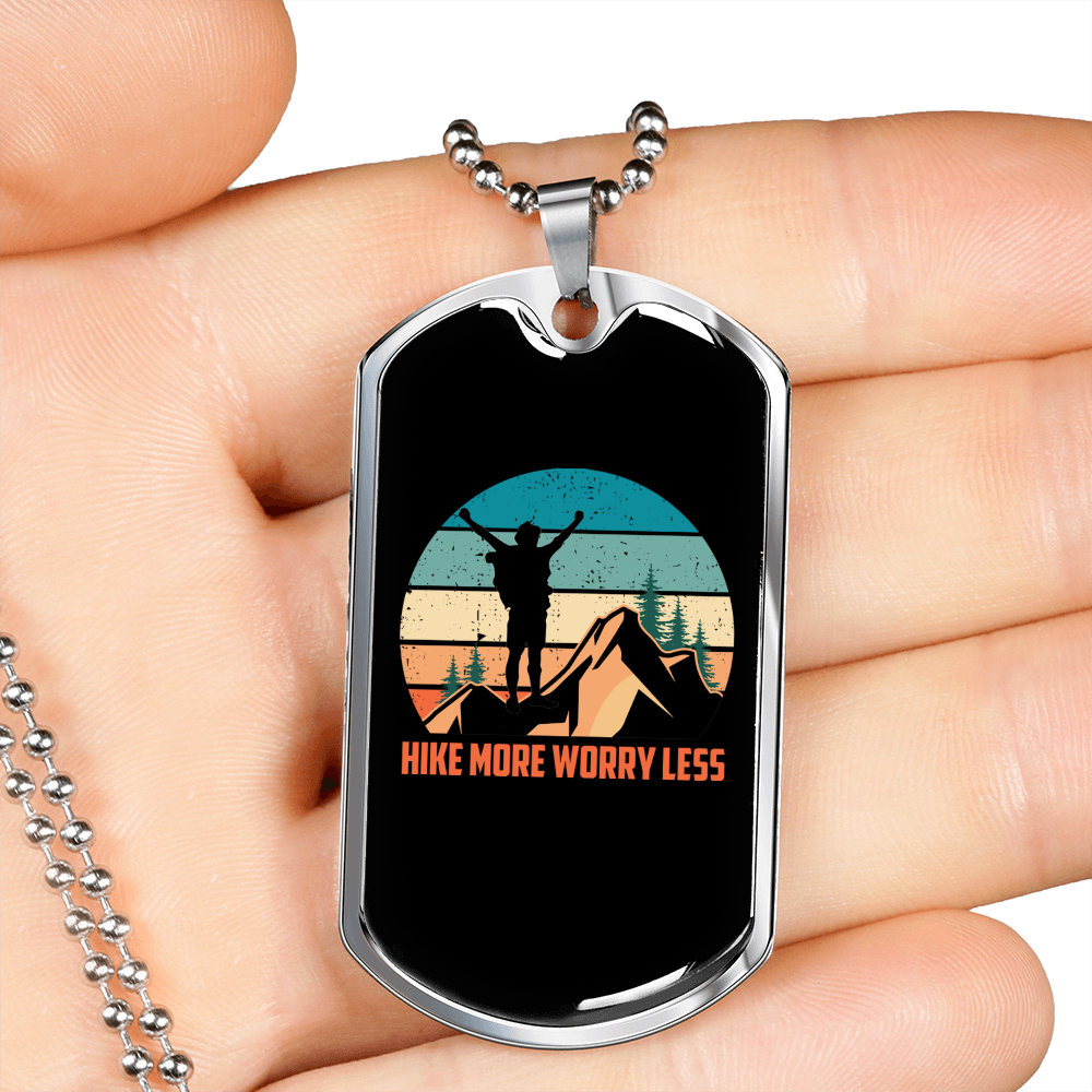 Camper Necklace Hike More Worry Less Necklace Stainless Steel or 18k Gold Dog Tag 24" Chain-Express Your Love Gifts