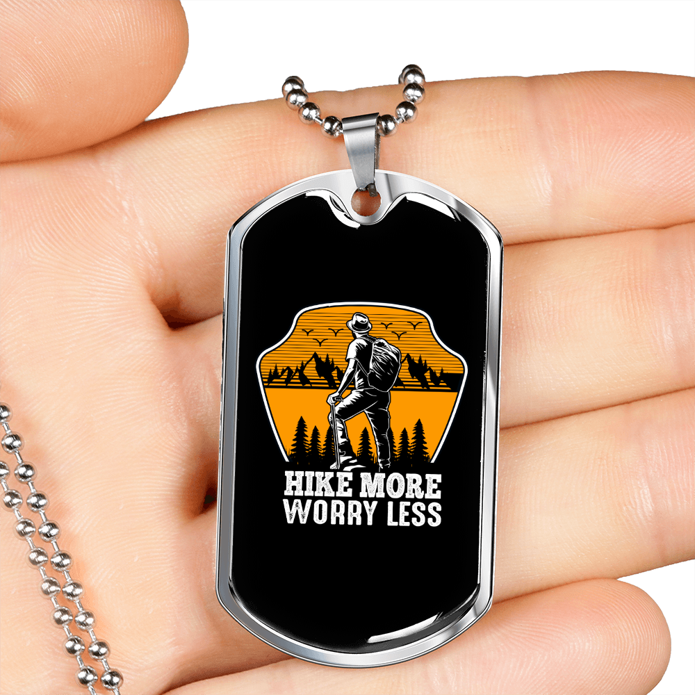 Camper Necklace Hike More Worry Less Orange Necklace Stainless Steel or 18k Gold Dog Tag 24" Chain-Express Your Love Gifts