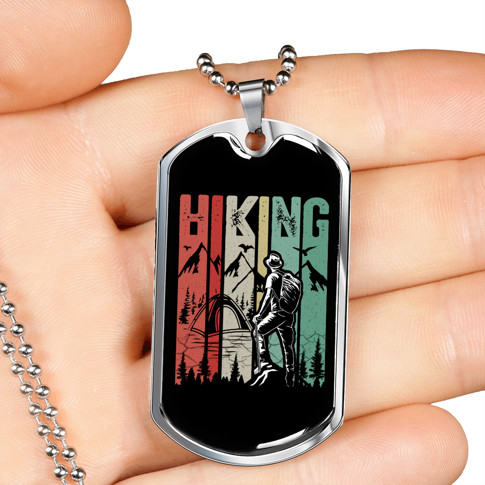 Camper Necklace Hiking White Mountain Necklace Stainless Steel or 18k Gold Dog Tag 24" Chain-Express Your Love Gifts