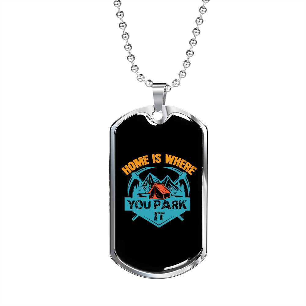 Camper Necklace Home is Where You Park It Blue Necklace Stainless Steel or 18k Gold Dog Tag 24" Chain-Express Your Love Gifts