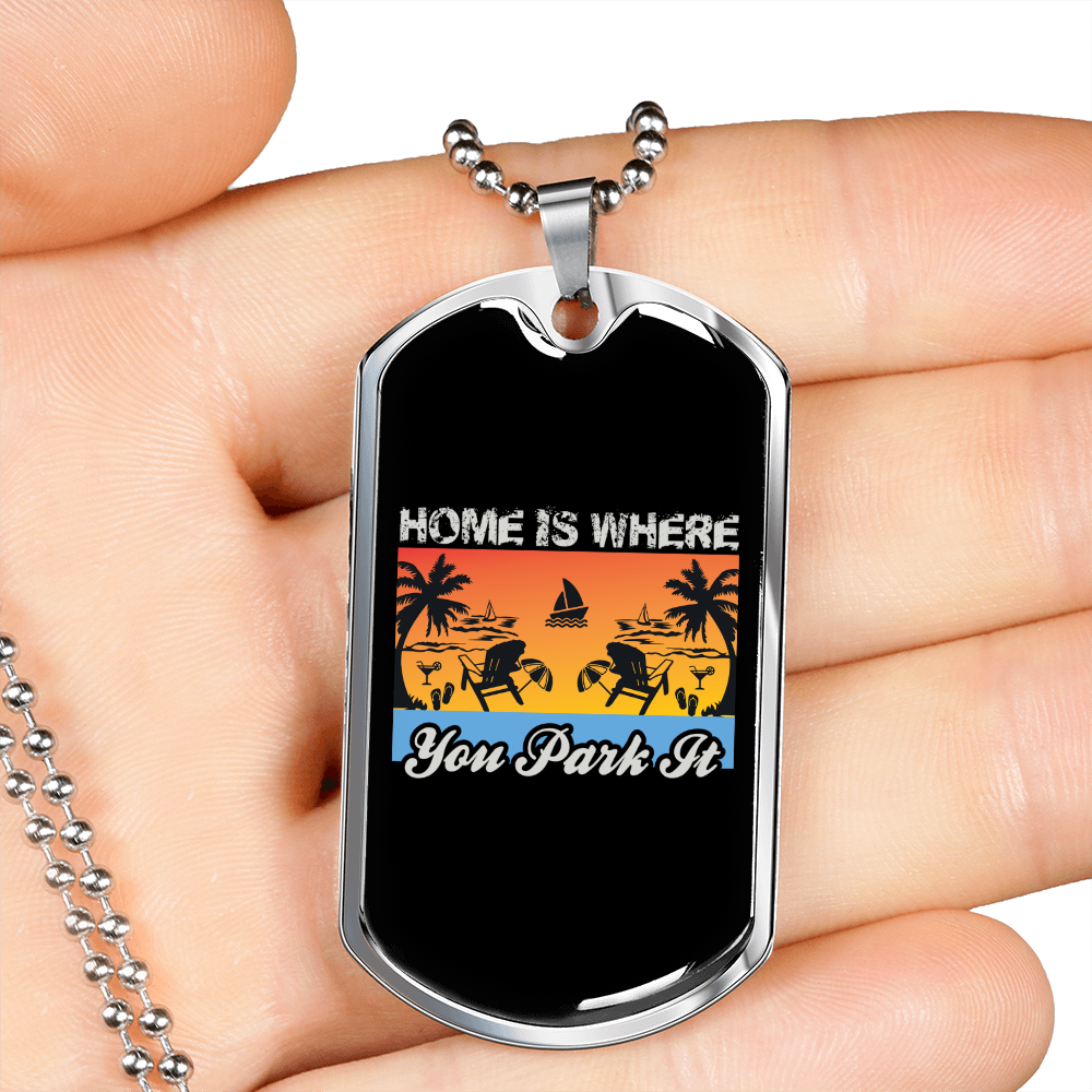 Camper Necklace Home is Where You Park It Orange Necklace Stainless Steel or 18k Gold Dog Tag 24" Chain-Express Your Love Gifts