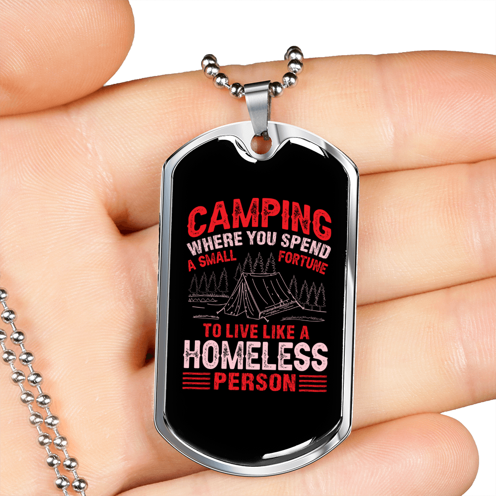 Camper Necklace Homeless Person Camping Necklace Stainless Steel or 18k Gold Dog Tag 24" Chain-Express Your Love Gifts