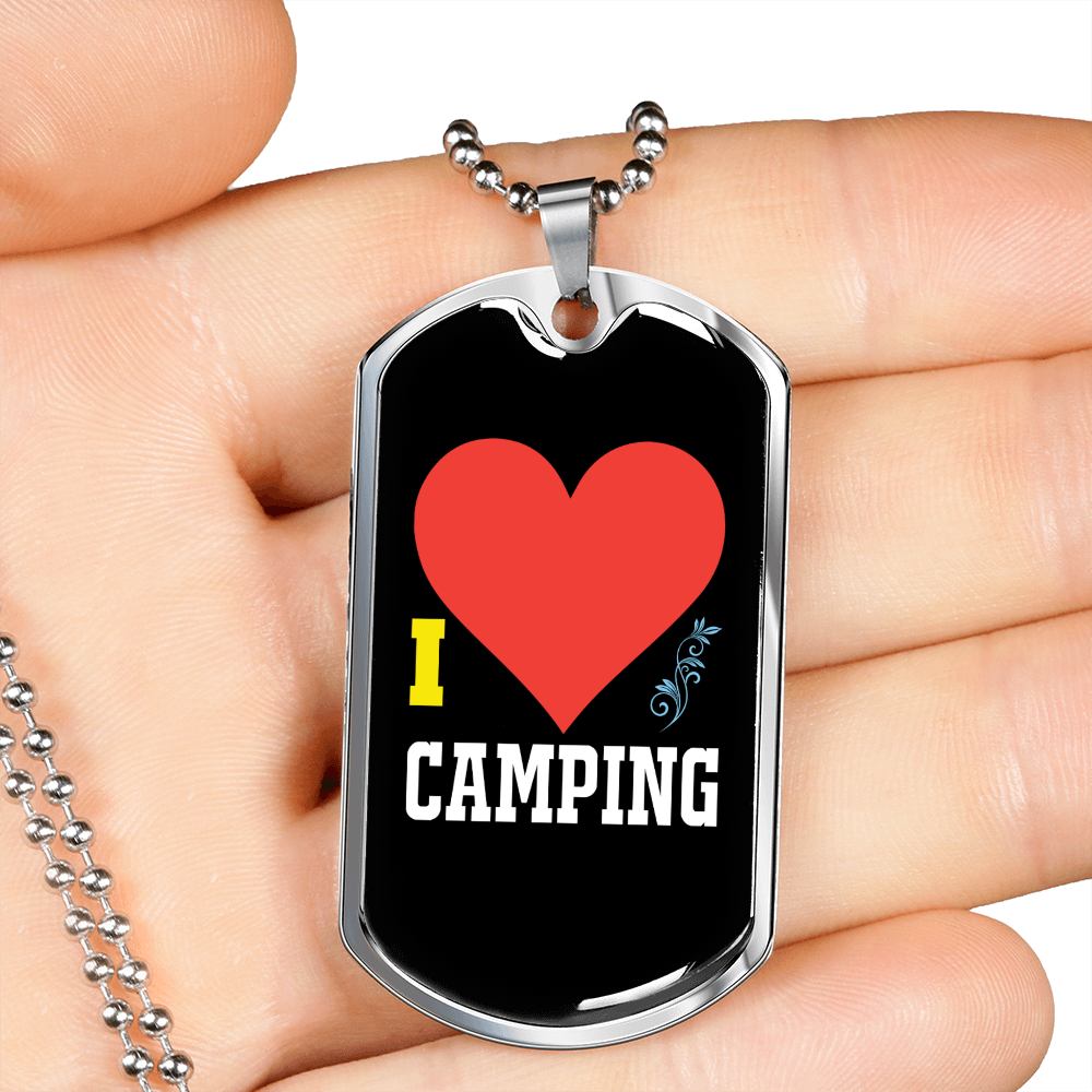 Camper Necklace I Heart Camping Necklace Stainless Steel or 18k Gold Dog Tag 24" Chain-Express Your Love Gifts