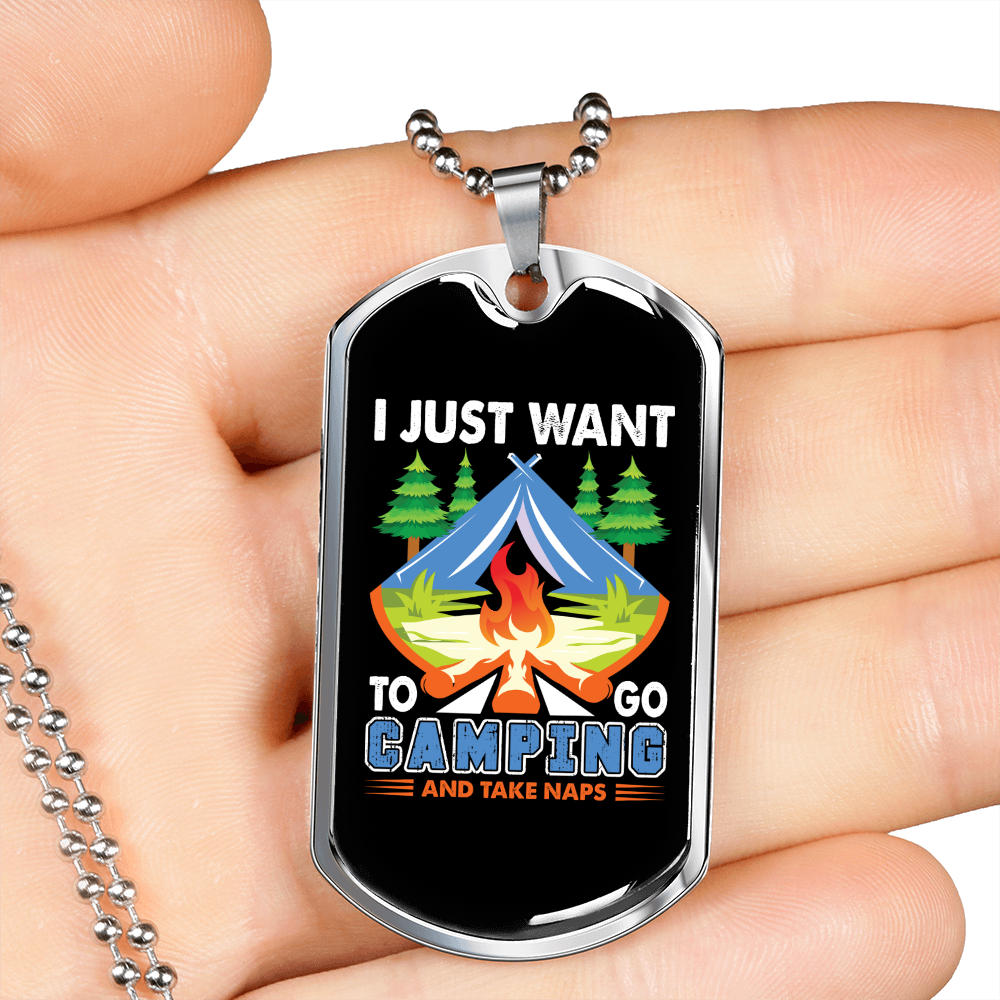 Camper Necklace I Just Want Blue Necklace Stainless Steel or 18k Gold Dog Tag 24" Chain-Express Your Love Gifts