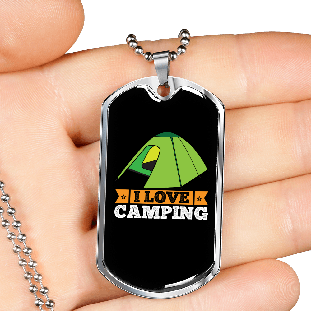 Camper Necklace I Love Camping Green Tent Necklace Stainless Steel or 18k Gold Dog Tag 24" Chain-Express Your Love Gifts