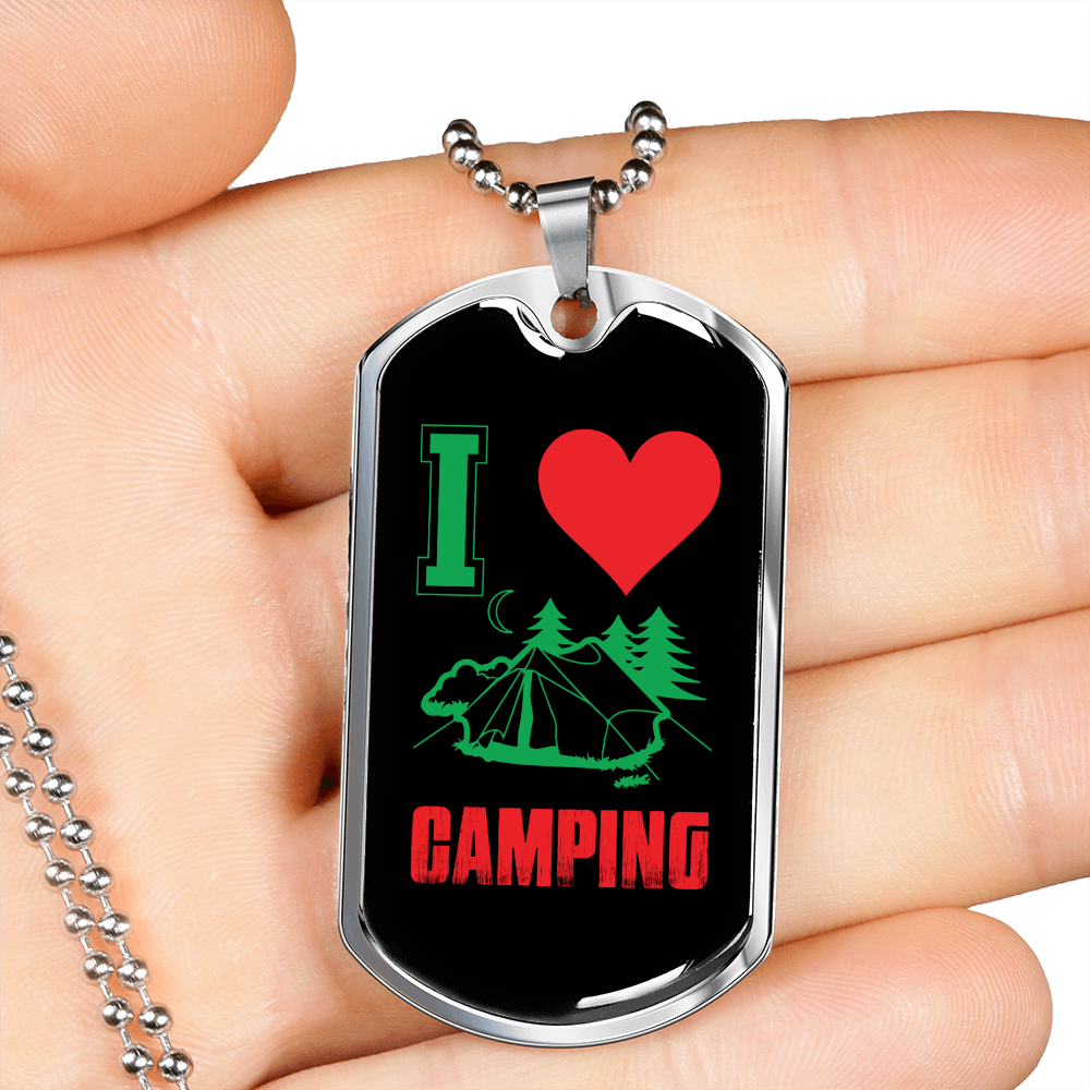 Camper Necklace I Love Camping Heart Necklace Stainless Steel or 18k Gold Dog Tag 24" Chain-Express Your Love Gifts