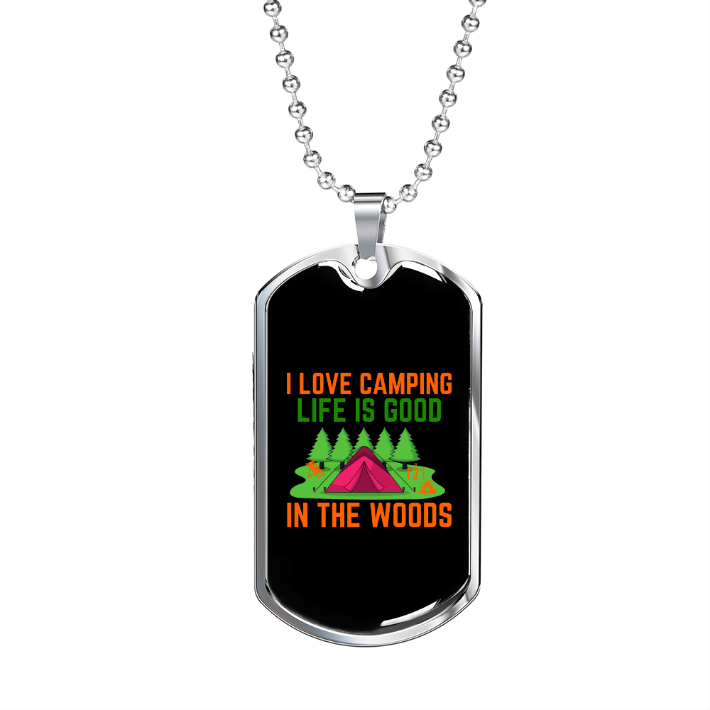 Camper Necklace I Love Camping in The Woods Necklace Stainless Steel or 18k Gold Dog Tag 24" Chain-Express Your Love Gifts