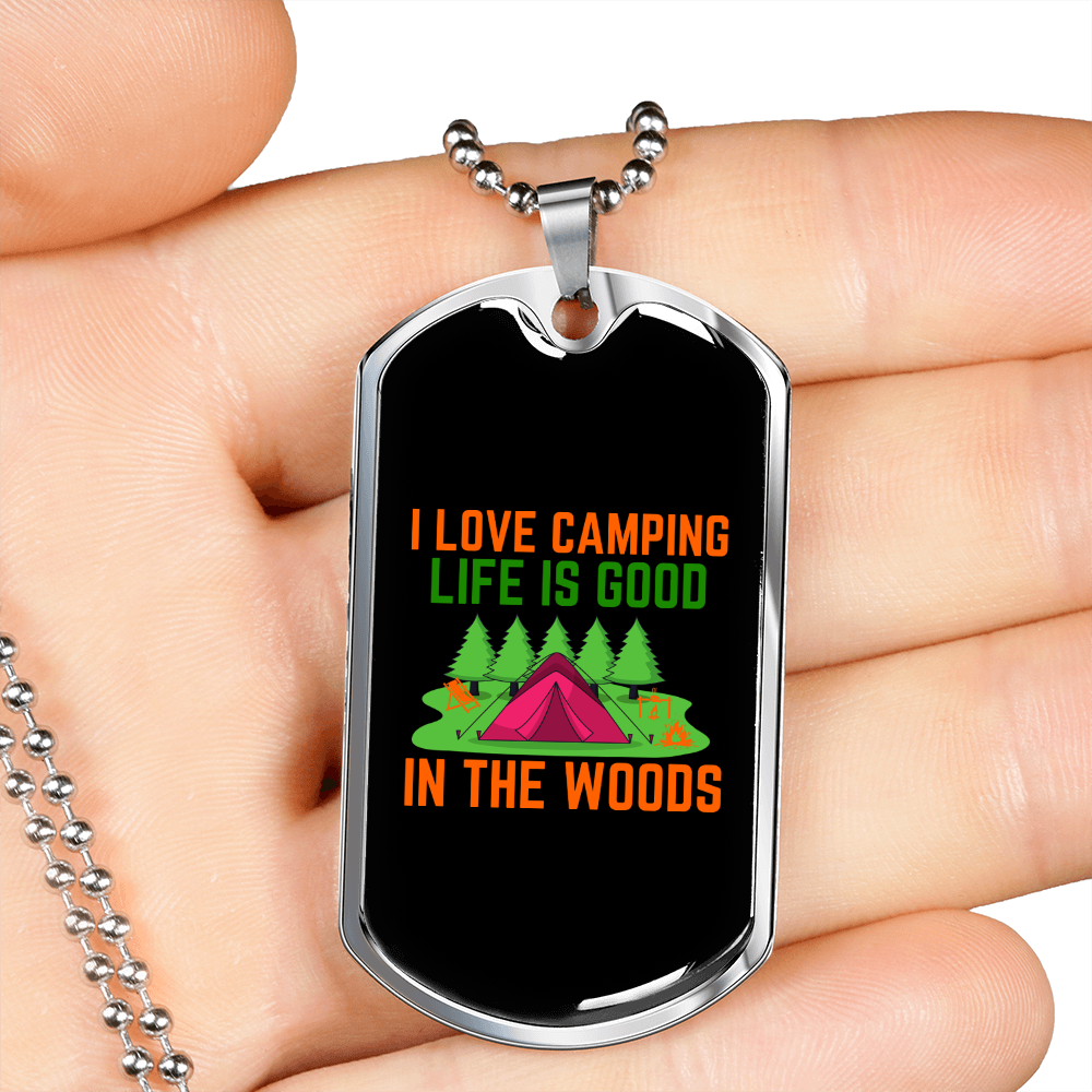 Camper Necklace I Love Camping in The Woods Necklace Stainless Steel or 18k Gold Dog Tag 24" Chain-Express Your Love Gifts
