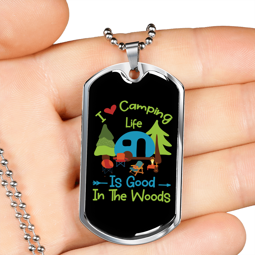 Camper Necklace I Love Camping Necklace Stainless Steel or 18k Gold Dog Tag 24" Chain-Express Your Love Gifts