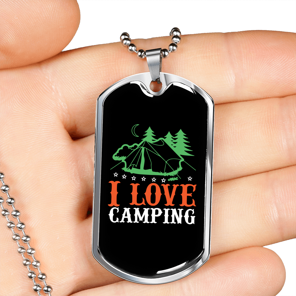 Camper Necklace I Love Camping Orange Necklace Stainless Steel or 18k Gold Dog Tag 24" Chain-Express Your Love Gifts