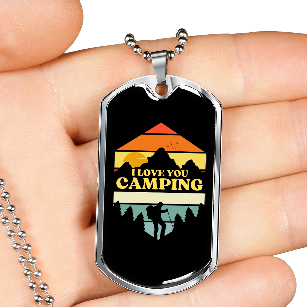 Camper Necklace I Love You Camping Necklace Stainless Steel or 18k Gold Dog Tag 24" Chain-Express Your Love Gifts