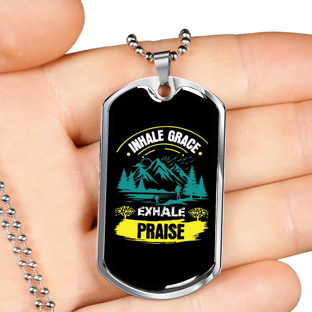 Camper Necklace Inhale Grace Exhale Praise Necklace Stainless Steel or 18k Gold Dog Tag 24" Chain-Express Your Love Gifts