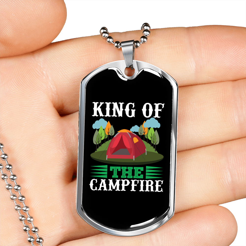 Camper Necklace King of The Campfire Necklace Stainless Steel or 18k Gold Dog Tag 24" Chain-Express Your Love Gifts