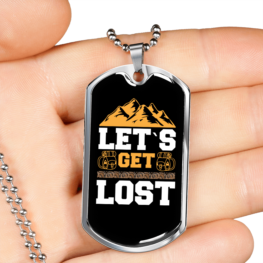 Camper Necklace Let's Get Lost Mountain Necklace Stainless Steel or 18k Gold Dog Tag 24" Chain-Express Your Love Gifts