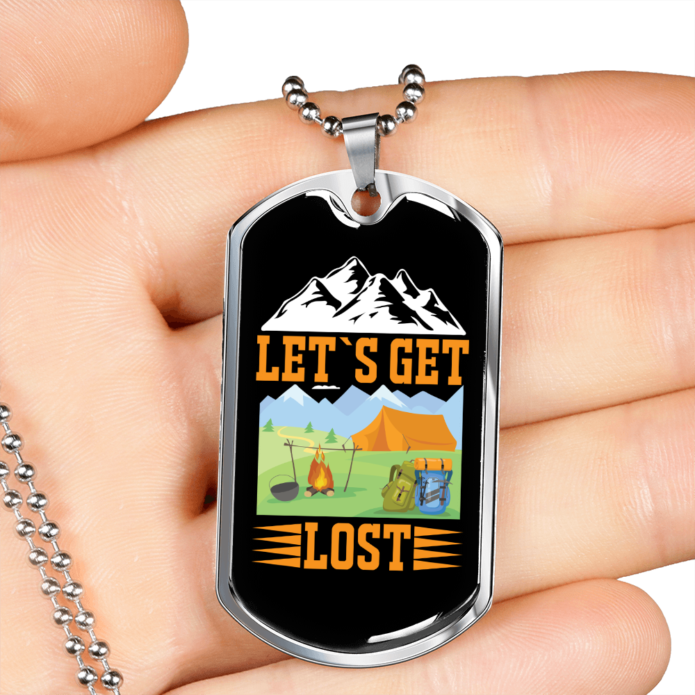 Camper Necklace Let's Get Lost Necklace Stainless Steel or 18k Gold Dog Tag 24" Chain-Express Your Love Gifts