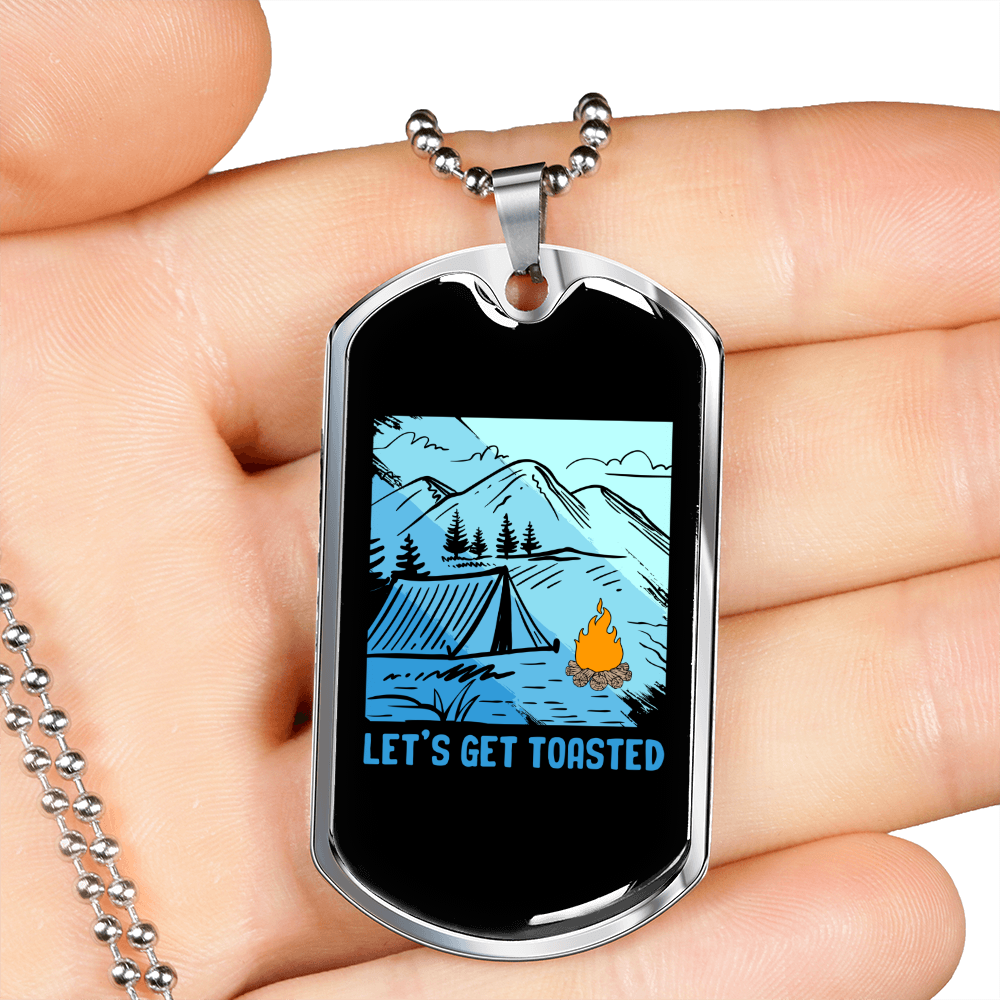Camper Necklace Let's Get Toasted Blue Necklace Stainless Steel or 18k Gold Dog Tag 24" Chain-Express Your Love Gifts