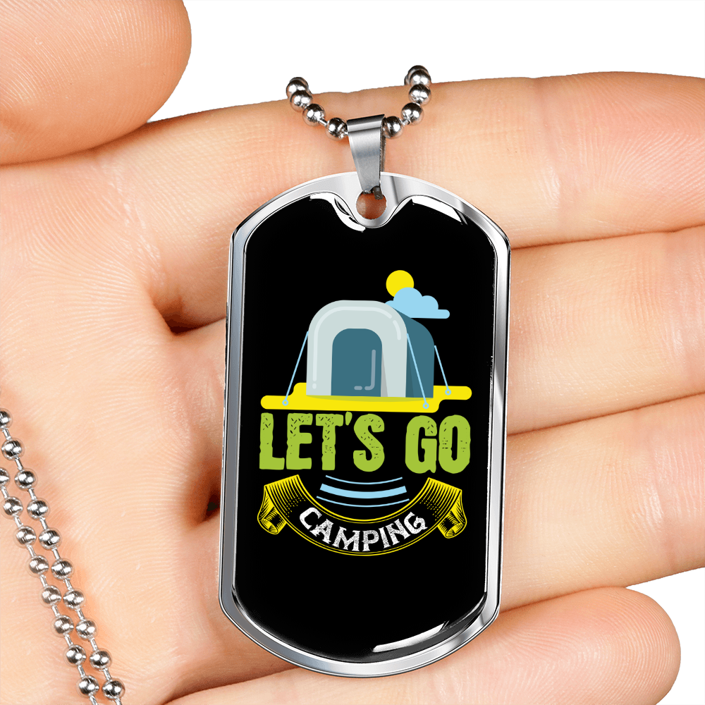 Camper Necklace Let's Go Camping Necklace Stainless Steel or 18k Gold Dog Tag 24" Chain-Express Your Love Gifts