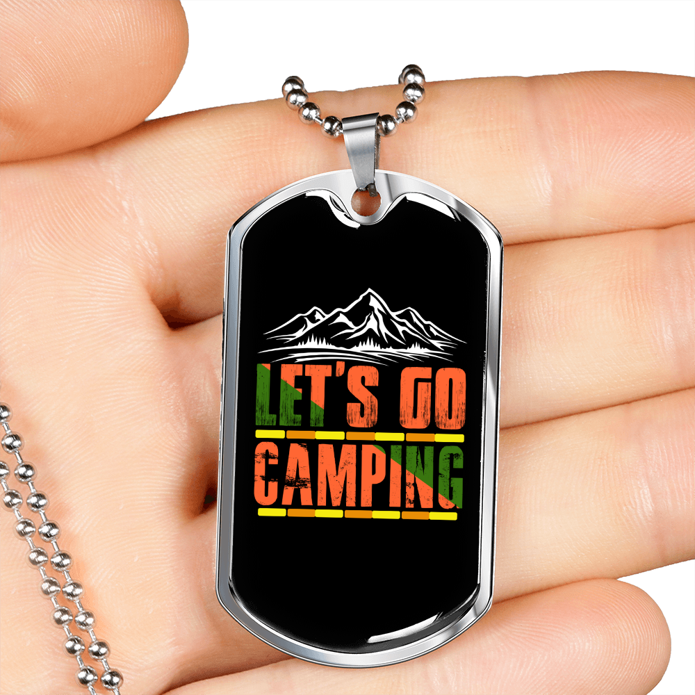Camper Necklace Let's Go Camping Red Necklace Stainless Steel or 18k Gold Dog Tag 24" Chain-Express Your Love Gifts