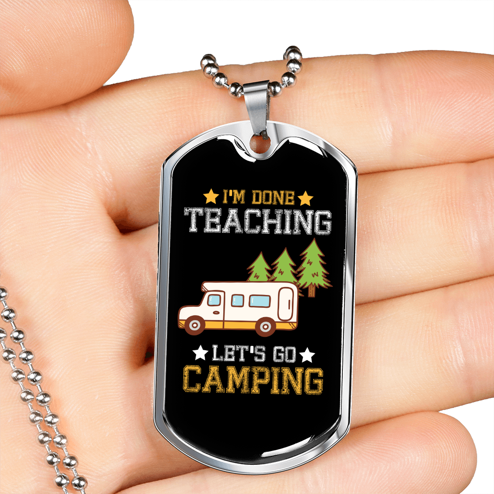 Camper Necklace Let's Go Camping White Necklace Stainless Steel or 18k Gold Dog Tag 24" Chain-Express Your Love Gifts