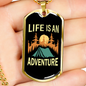 Camper Necklace Life is An Adventure Blue Tent Necklace Stainless Steel or 18k Gold Dog Tag 24" Chain-Express Your Love Gifts
