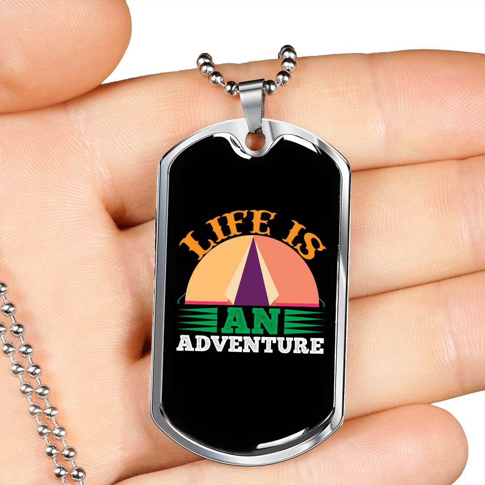 Camper Necklace Life is an Adventure Necklace Stainless Steel or 18k Gold Dog Tag 24" Chain-Express Your Love Gifts
