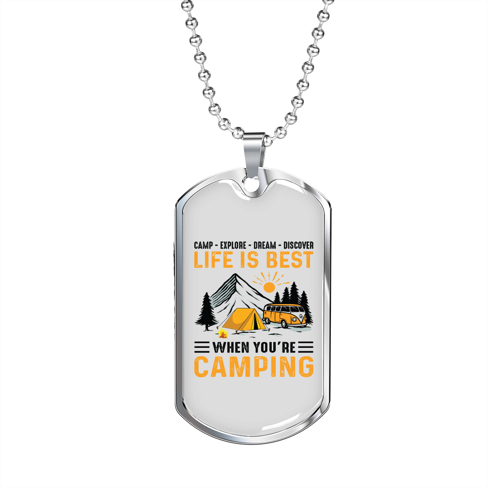 Camper Necklace Life Is Best Necklace Stainless Steel or 18k Gold Dog Tag 24" Chain-Express Your Love Gifts