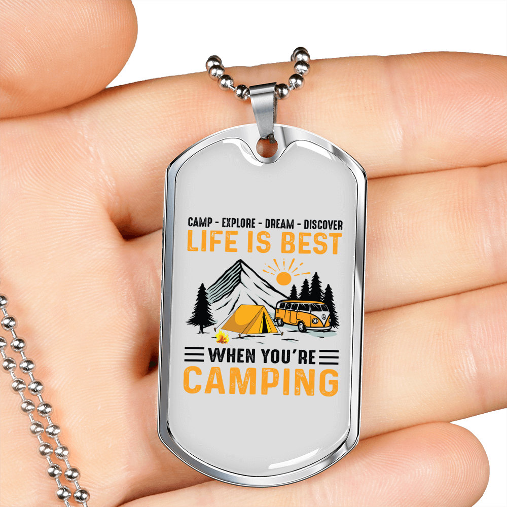 Camper Necklace Life Is Best Necklace Stainless Steel or 18k Gold Dog Tag 24" Chain-Express Your Love Gifts