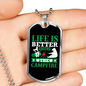 Camper Necklace Life is Better Around the Campfire Green Necklace Stainless Steel or 18k Gold Dog Tag 24" Chain-Express Your Love Gifts