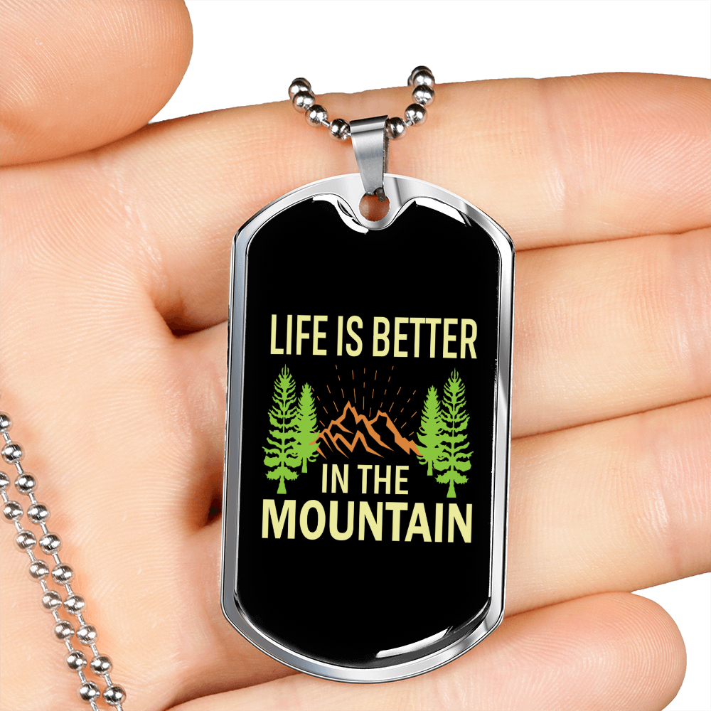 Camper Necklace Life is Better in The Mountain Green Necklace Stainless Steel or 18k Gold Dog Tag 24" Chain-Express Your Love Gifts