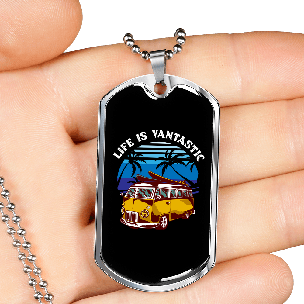 Camper Necklace Life Is Fantastic Necklace Stainless Steel or 18k Gold Dog Tag 24" Chain-Express Your Love Gifts
