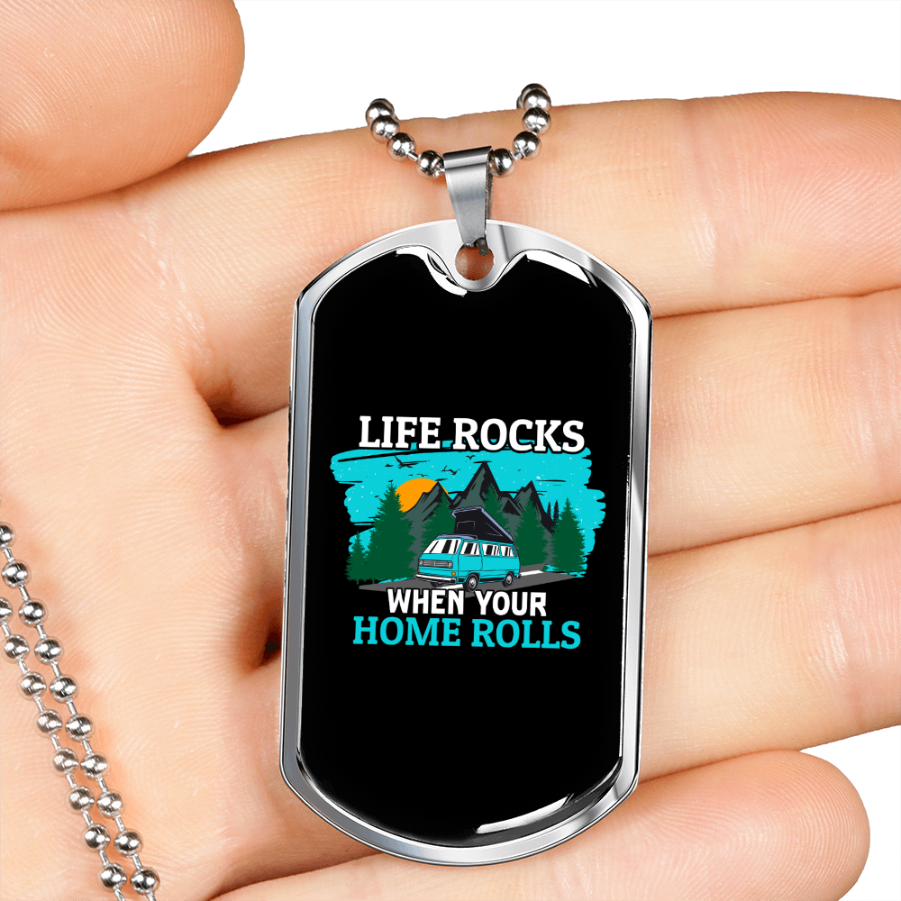 Camper Necklace Life Rocks Home Rolls Necklace Stainless Steel or 18k Gold Dog Tag 24" Chain-Express Your Love Gifts